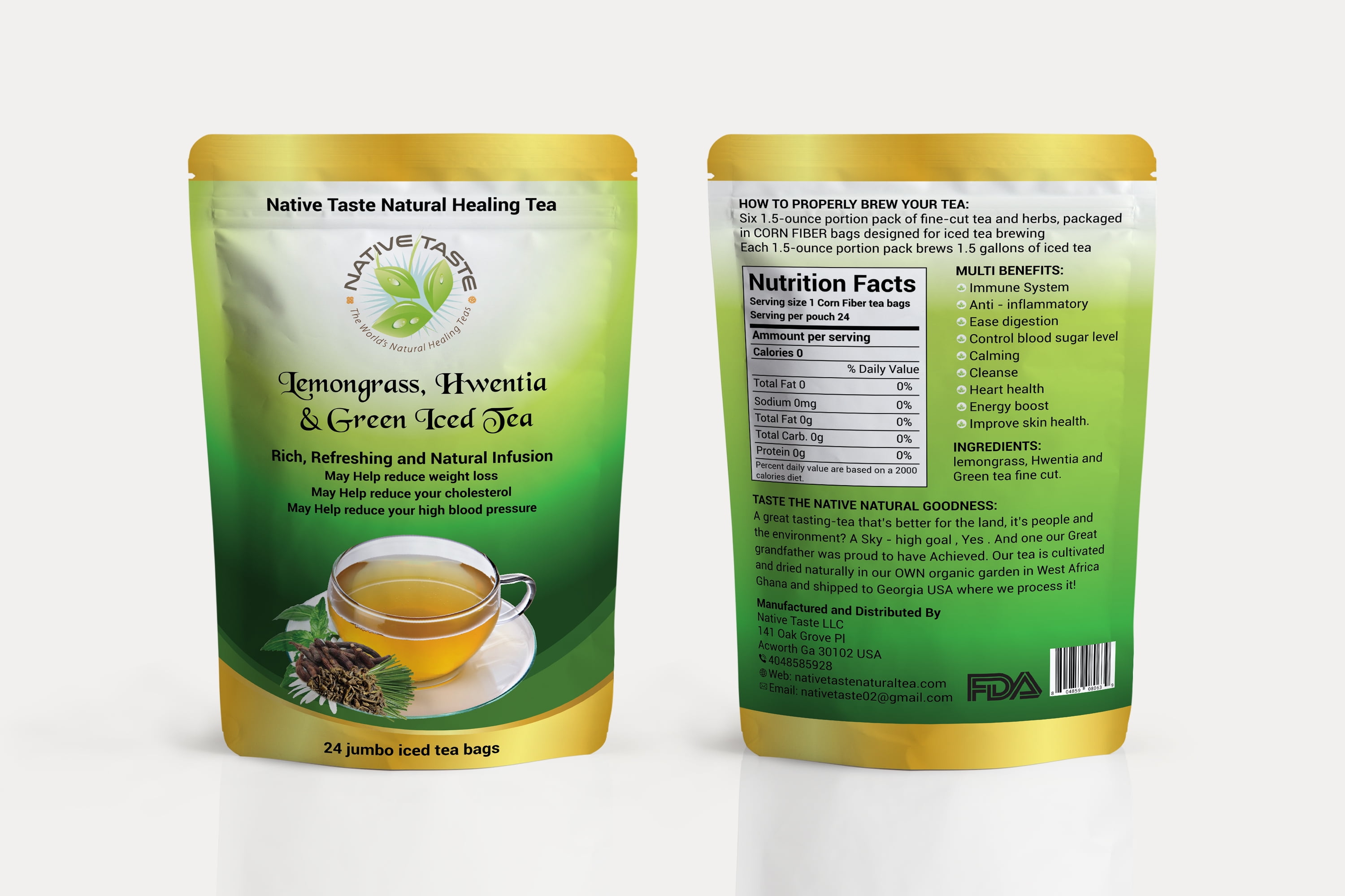 LEMONGRASS , HWENTIA , GREEN ICED TEA JUMBO - 14 Jumbo Pyramid Corn Fiber Teabags- 100% Sun Dry Cut and Sift Tea Leaves in Pyramid Teabags- 100% Natural Taste and Organic