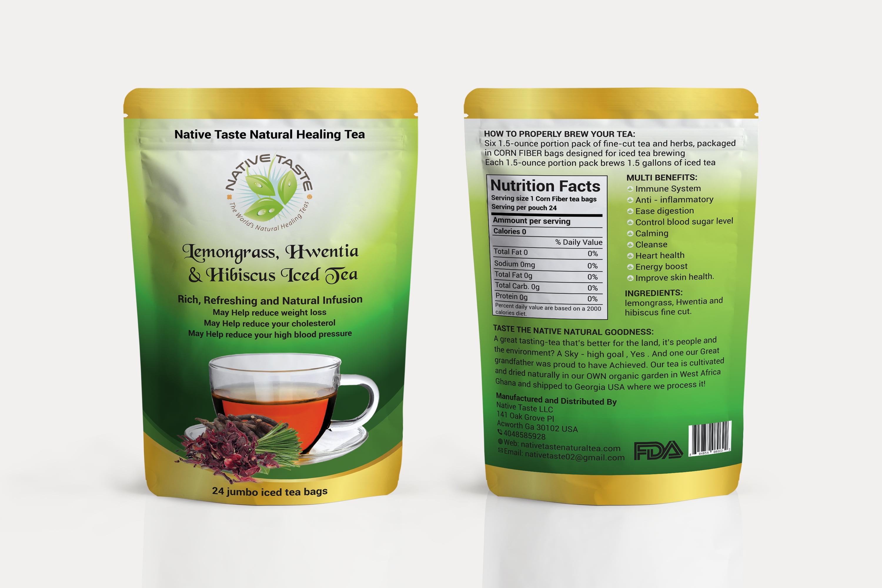 LEMONGRASS , HWENTIA , HIBISCUS ICED TEA JUMBO - 14 Jumbo Pyramid Corn Fiber Teabags- 100% Sun Dry Cut and Sift Tea Leaves in Pyramid Teabags- 100% Natural Taste and Organic