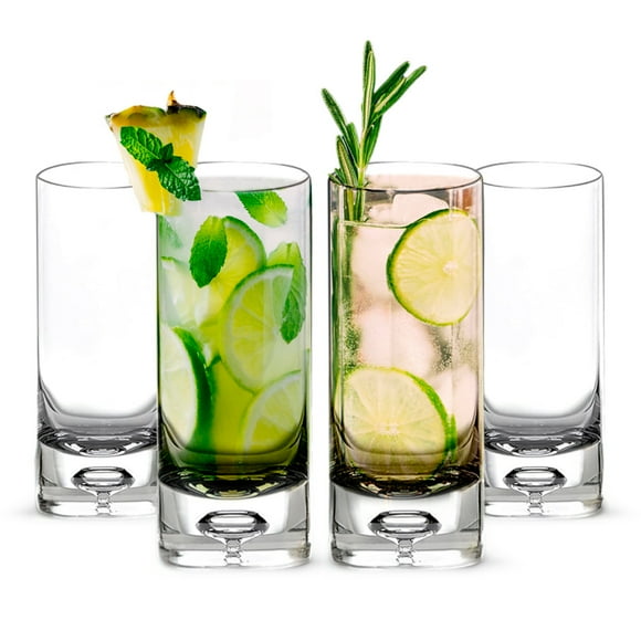 LEMONSODA Crystal Bubble Base Collins Glass Highball Tumbler - Set of 4 - Unique Design Great for Water, Juice, Beer, Cocktails, and More - 12oz