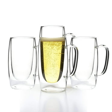 LEMONSODA Double Walled Beer Drink Glass Mug with Handle - Set of 4 - 12.5oz - Keep drinks insulated