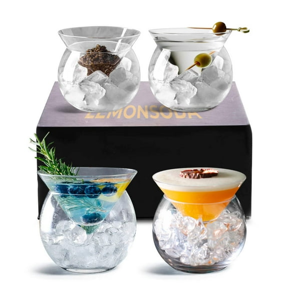 LEMONSODA Stemless Martini Glasses with Chiller - Elegant Cocktail Glass Set with Cavier Server Bowl - Beautiful Bar Martini Gift Set for Margarita, Cosmopolitan, Manhattan Cocktails (Set of 4)