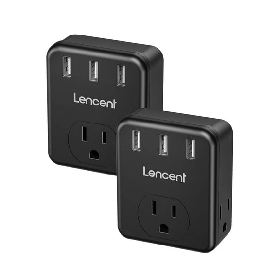 LENCENT 2 to 3 Prong Outlet Adapter, 6-Way Wall Extender with 3 USB Ports, 1875W Plug Splitter, 2-Pack, Black