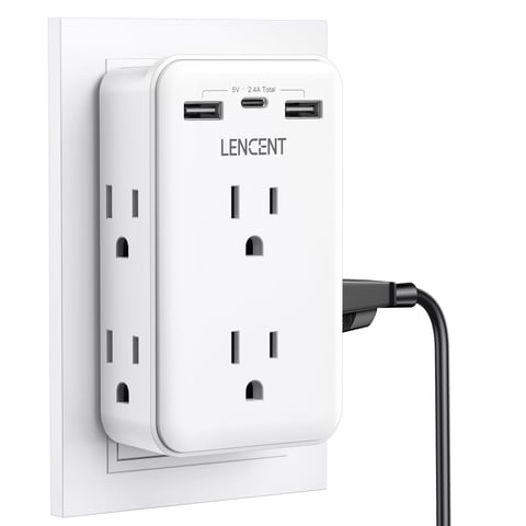 LENCENT 2 to 3 Prong Outlet Adapter,Wall outlet extender with 6 AC & 2 USB 1 C Ports, 3-Sided Wall plug multi outlet Splitter for Non-Grounded Outlets in Old Houses