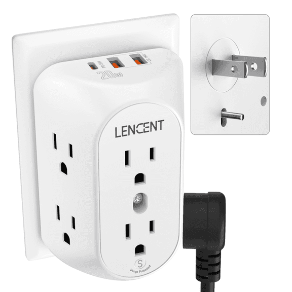 LENCENT 2 Prong Multi plug outlet extender,3 to 2 Prong wall Outlet Adapter PD20W &2 USB,Surge Protector with Polarized Plug Non-Grounded for house
