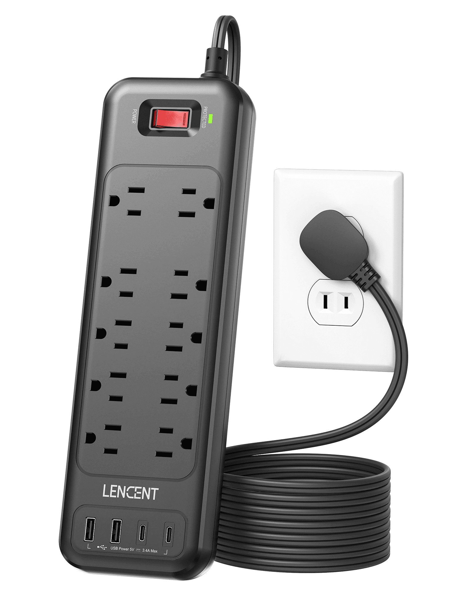 LENCENT Power Strip Surge Protector 2 Prong Extension Cords for Indoor 6ft, 2 to 3 Prong outlet plug Adapter,10 Outlets & 4 USB Ports, Wall Mountable, Ideal for Non-Grounded Outlets