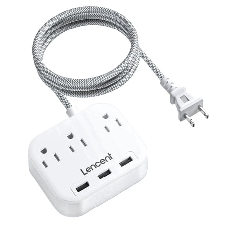 LENCENT 2-Prong Power Strip with USB, 6.6ft Extension Cord, Surge Protector, 3 Outlets & 3 USB, Wall-Mountable