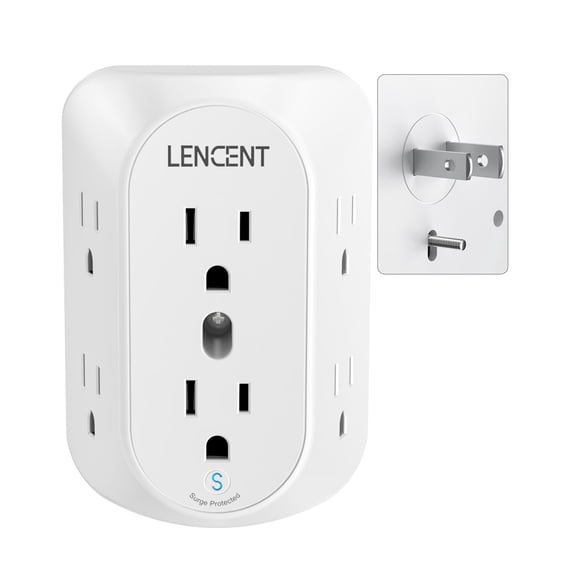 LENCENT 2 to 3 Prong Grounding Wall Tap Adapter, 6-Outlet Surge Protector, 1728 Joules for Non-Grounded Outlets, White