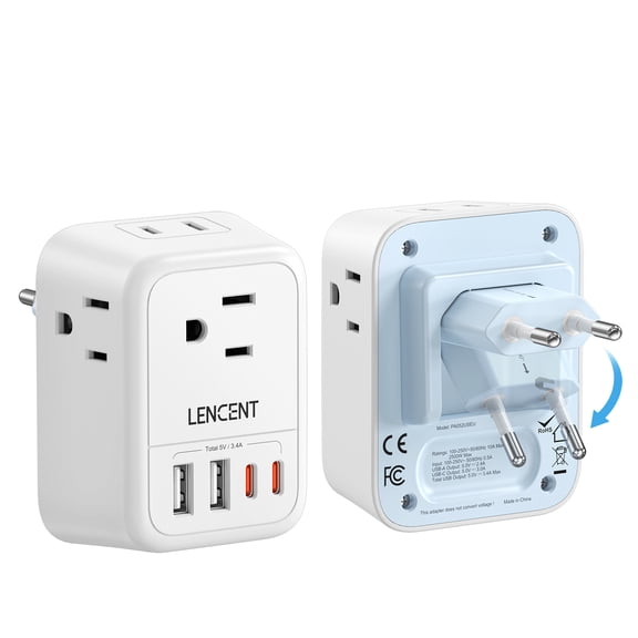 LENCENT European Travel Plug Adapter,USA to EU outlet adapter,Mutli Usb C Wall outlet extender Foldable Plug converter with 4 Outlets 4 USB (2 C) Ports Charger