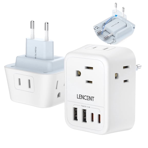 LENCENT European Travel Plug Adapter,USA to EU outlet adapter,Mutli Usb C Wall outlet extender Foldable Plug converter with 4 Outlets 4 USB (2 C) Ports Charger