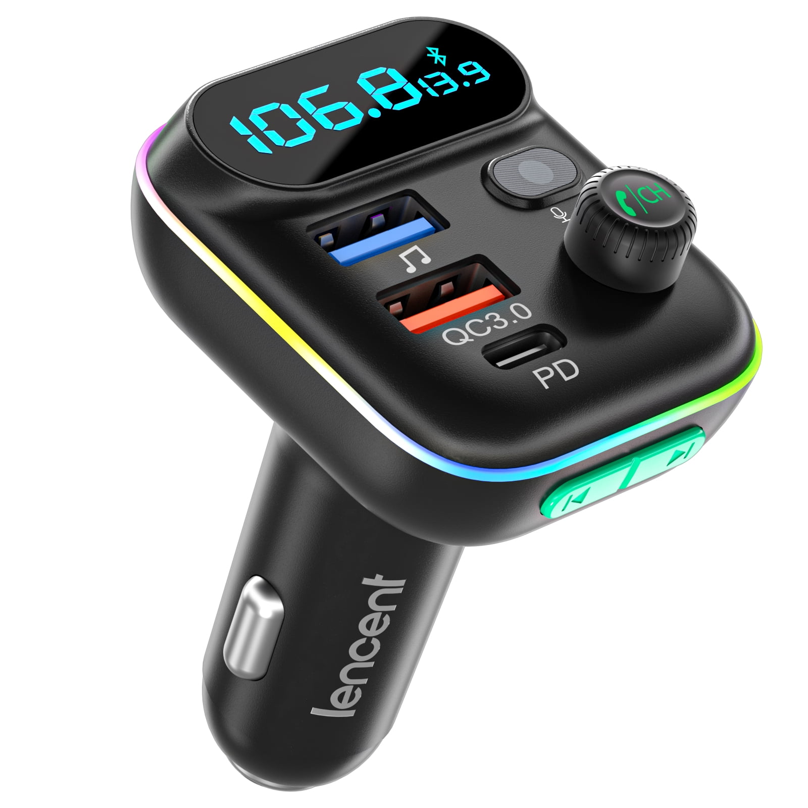 LENCENT FM Transmitter in-Car Adapter, Wireless Bluetooth 5.0 Radio Car  Kit,Type-C PD + QC3.0 Fast USB Charger, Hands Free Calling, Mp3 Player