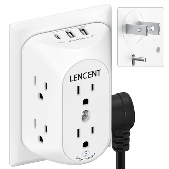 LENCENT Multiport Outlet Extender with USB-C, 2 Prong to 3 Prong Outlet Adapter,6-Way Power Strip, Surge Protector