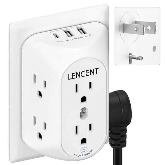 LENCENT Multi Plug Outlet Extender Usb C, 2 to 3 Prong outlet adapter Surge Protector 6 way Outlet 1 Type C&2 USB wall tap Wall Mount for Non-Grounded Outlet