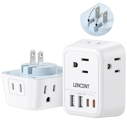 LENCENT Multi Plug Outlet Adapter,2 to 3 Prong Outlet Extender, Wall Tap Foldable Plug Splitter with 4 AC Outlets 4 USB Charger Cube(2 C) , Travel Plug Adapter for US JP CA MX
