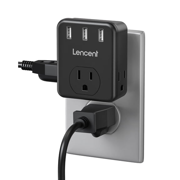 LENCENT usb wall plug outlet adapter,multi plug outlet extender,3 prong outlet Splitter with 3 USB Ports, Wall Charger Power outlet for Home,Office Black