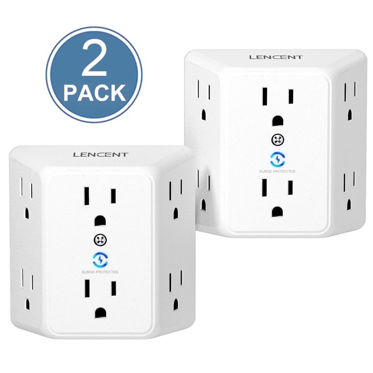 2-Pack Side Entry 6-Way Electrical Outlet Splitter - Turns 2 Outlets Into 6, Grey, 125V 15A