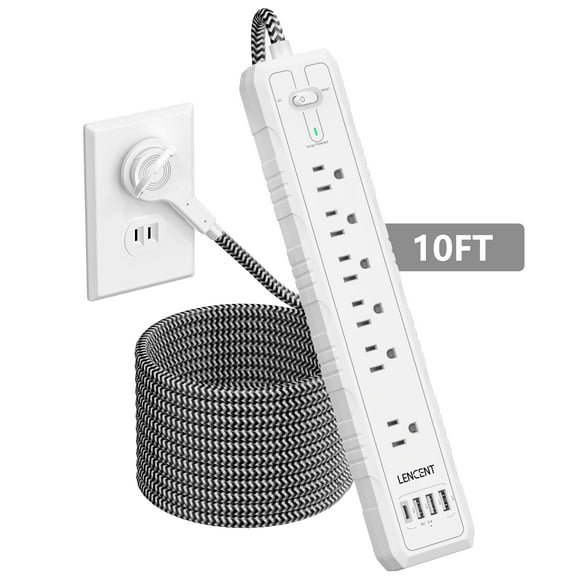 LENCENT Power Strip Surge Protector,2 Prong Extension Cords for indoor 10ft,2 to 3 Prong Outlet Adapter Polarized Plug,6 AC Outlets & 4 USB(1 Type-C),Flat Plug for Non-Grounded Outlets