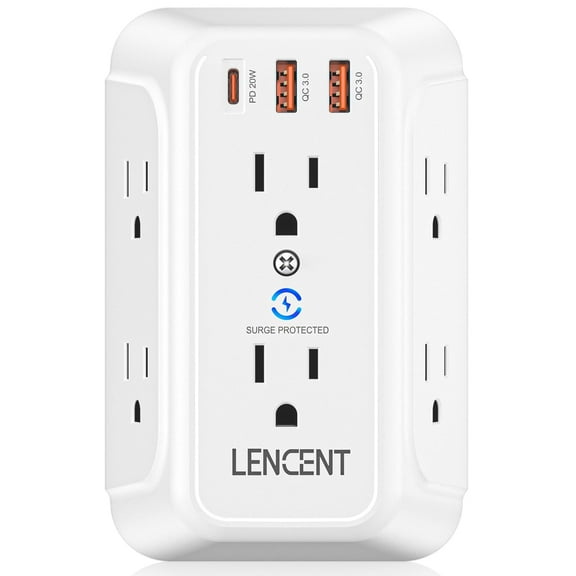LENCENT Multi Plug Outlet Extender Surge Protector with USB,6 Outlets Wall Adapter with PD 20W Type-C & 2 USB Ports,Electrical Outlet Wall Tap Charger,Power Strip with Surge Protection
