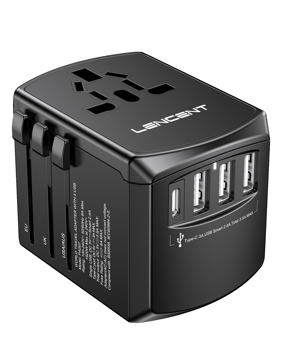 LENCENT Universal Travel Power Adapter, International AC Plug Adaptor with 2 USB C 2 USB A Ports Wall Charger Worldwide Travel Essentials, for US to EU UK Ireland Australia (Type C/G/A/I)