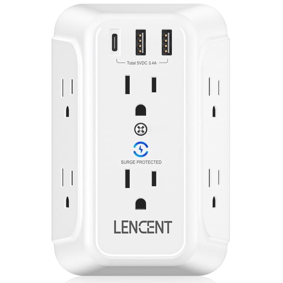 LENCENT Wall Outlet Extender, 6-Way Adapter with Surge Protector, Type-C & 2 USB Ports, Electrical Outlet Splitter Wall Tap for Home