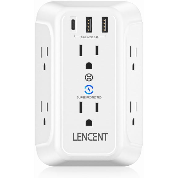 LENCENT Wall Outlet Extender, 6-Way Adapter with Surge Protector, Type-C & 2 USB Ports, Electrical Outlet Splitter Wall Tap for Home
