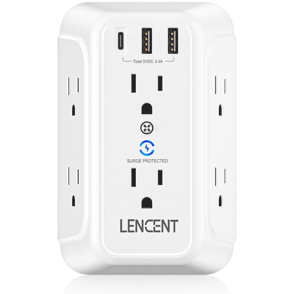LENCENT Wall Outlet Extender, 6-Way Adapter with Surge Protector, Type-C & 2 USB Ports, Electrical Outlet Splitter Wall Tap for Home