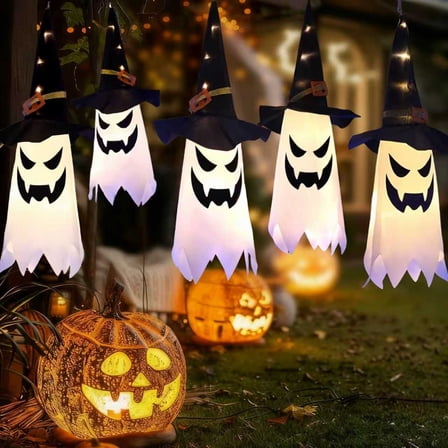 LENDOUR Halloween Decorations Outdoor, Hanging Lighted Glowing Ghost Witch Hat 5PCS, Halloween Light for Halloween Party Yard Tree Garden