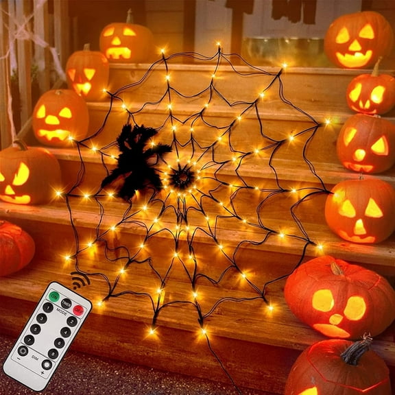 PMMIPNW Halloween Light Spider Web Lights 70 LED, Halloween String Lights Battery Operated with 8 Modes, Retro Haunted for Bedroom, Bar, Haunted House, Wall Halloween Decoration, Orange