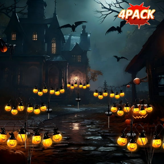 PMMIPNW Halloween Solar Light 4 Pack, Pumpkin Stake Lights Orange Jack-O-Lantern Solar Decorative Pathway Lights 2 Modes For Garden Lawn Yard Patio