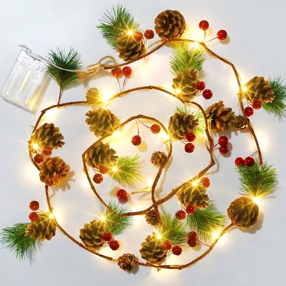 PMMIPNW Pine Cone Christmas String Lights Battery Operated, 6.5FT 20LED Christmas Garland with Red Berry Pine Cone Fairy String Lights for Indoor Outdoor Xmas Decorations