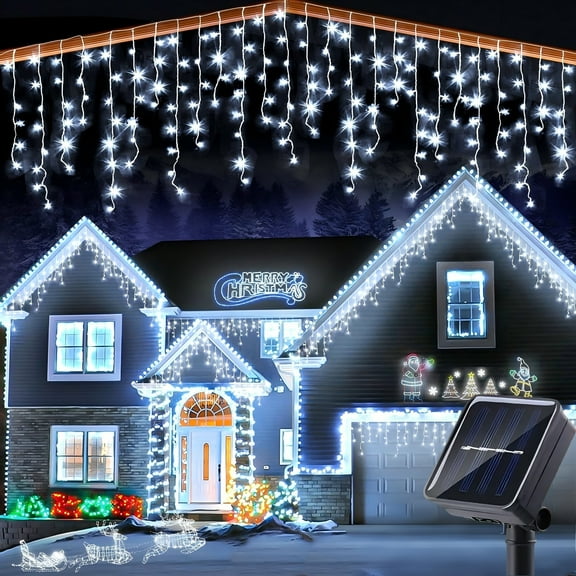 PMMIPNW Solar Christmas Icicle String Lights 162LED 27ft, Christmas Fairy Lights for Bedroom, Patio, Yard, Garden, Wedding, Eave Decor (White)