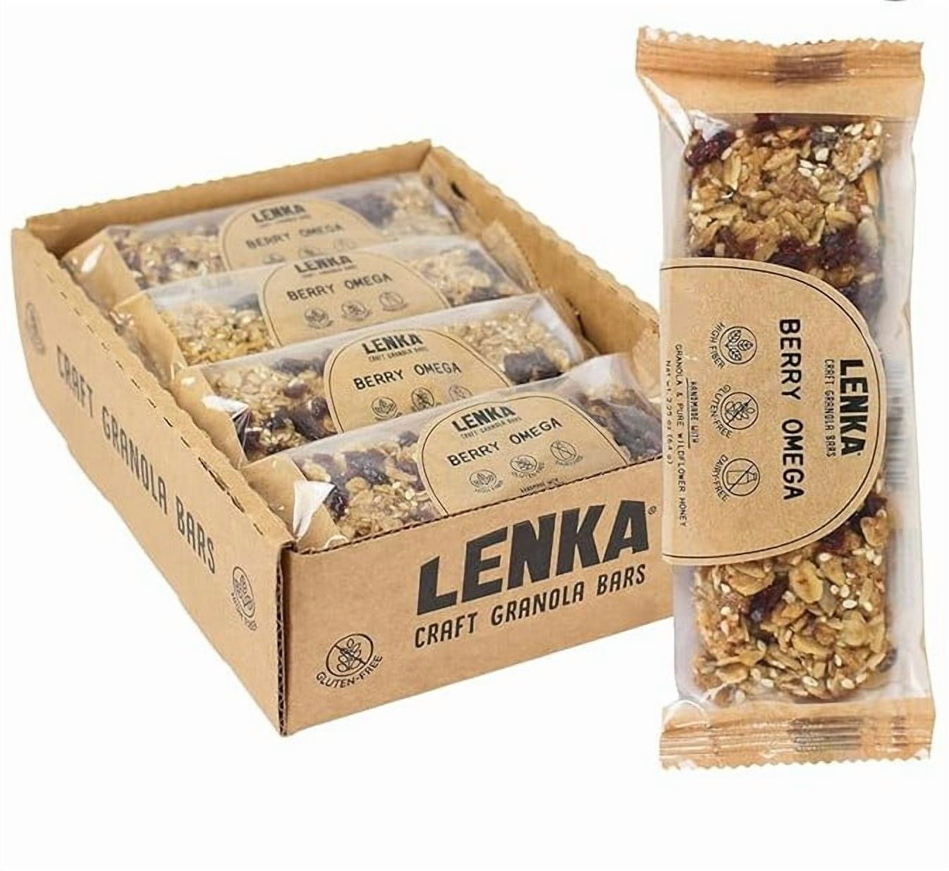 LENKA Handmade Craft Granola Bars - Berry Omega Gluten Free High Fiber - Nutritious Snack Bar with Granola - 12 Pack
