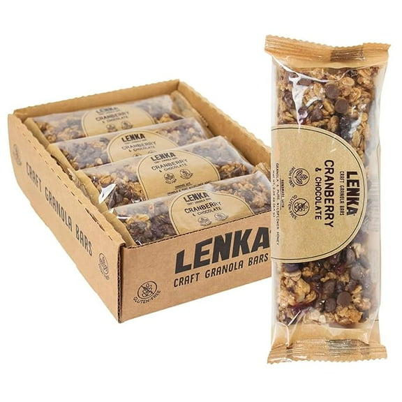 LENKA Handmade Craft Granola Bars - Cranberry Chocolate Gluten Free High Fiber - Nutritious Snack Bar with Chewy Granola - 12 Pack