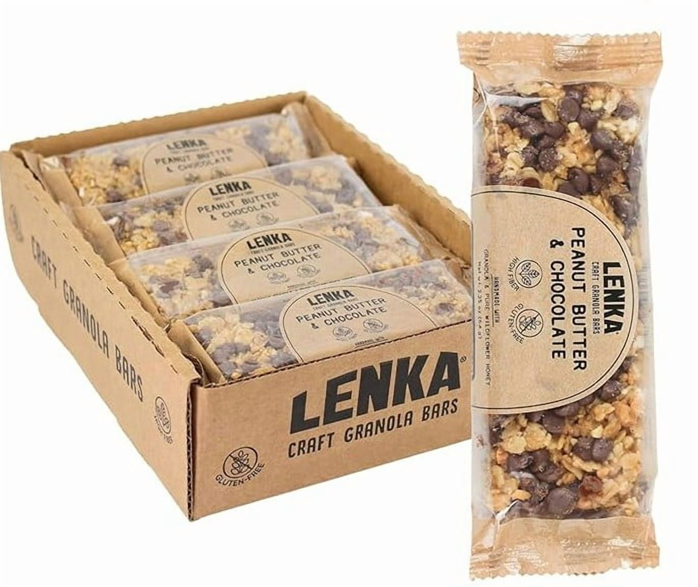 LENKA Handmade Craft Granola Bars - Peanut Butter & Chocolate Gluten Free High Fiber - Nutritious Snack Bar with Granola - 12 Pack