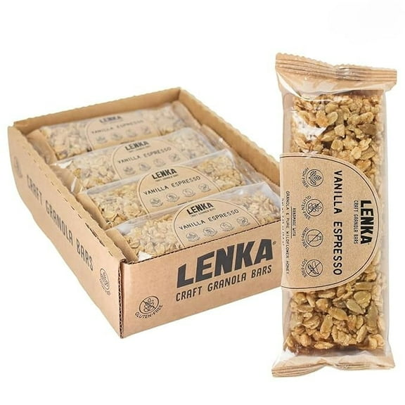LENKA Handmade Craft Granola Bars - Vanilla Espresso Gluten Free High Fiber - Nutritious & Delicious Snack Bar - 12 Pack