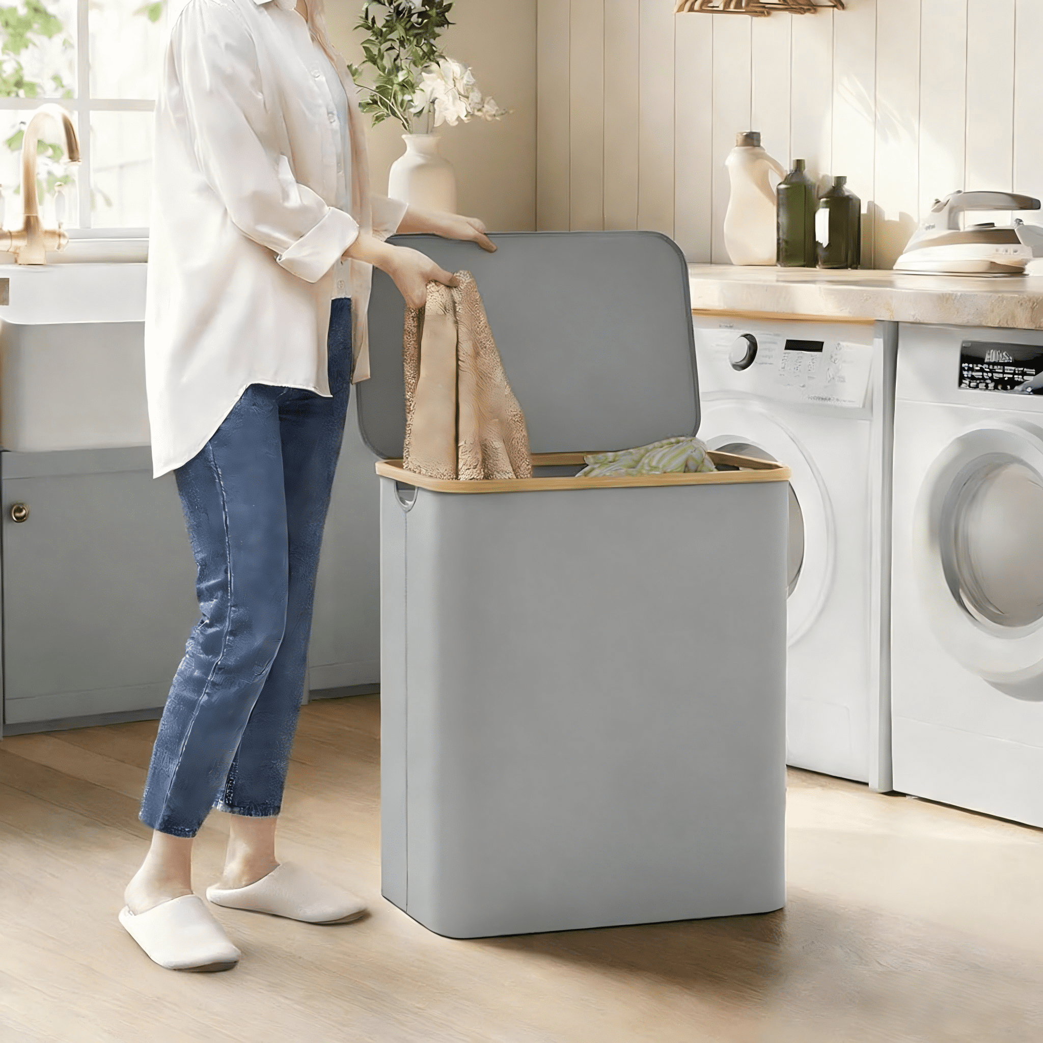 LENLN 150L Large Laundry Basket with Stand Foldable Waterproof Cover, Laundry Sorter, 3 Section Laundry Hamper , Suitable for Bedroom, Bathroom, Laundry Room