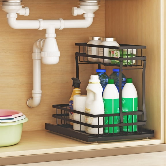 LENLN 2-Tier Under Sink Organizer, Sliding Pull-Out Storage Rack for Kitchen Plumbing, Kitchen Under Sink Storage for Narrow Space Easy Access Sliding Storage Drawer