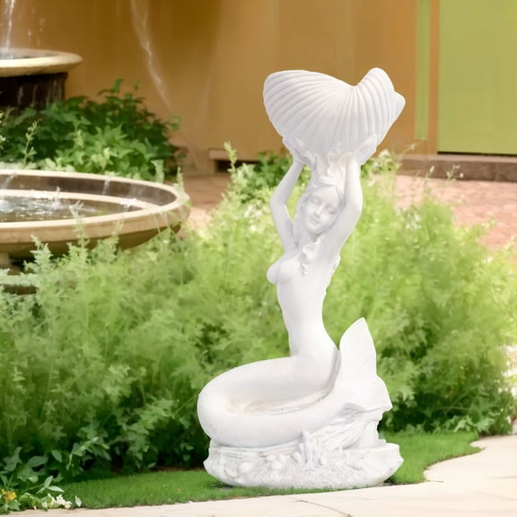 LENLN 23in Conch-Holding Mermaid Resin Statue, Hand-Painted Weather Resistant Sculpture for Indoor Outdoor Patio Decor Gifts