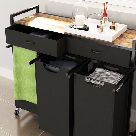 LENLN 3-Section Laundry Basket with Wheels,Laundry Hamper Sorter,Pull-Out Baskets and 2 Drawers Storage Organizer,Dirty Clothes Hamper Laundry Butler for Bathroom Bedroom Laundry Room