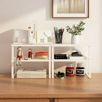 LENLN Cabinet Organizer Shelf, Set of 2 Kitchen Counter Shelves, Kitchen Storage, Spice Rack, Stackable, Expandable, Metal and Engineered Wood, White,Black