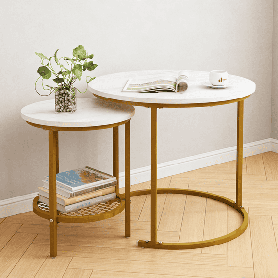 LENLN Modern Industrial Simple Nesting and Storage Shelf Metal Round End Table, White (Set of 2)
