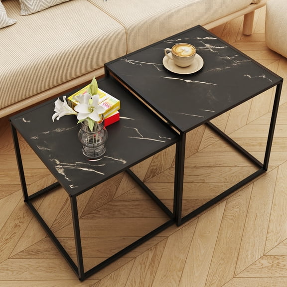 LENLN Coffee Table Set of 2, Modern Engineered Wood Nesting Table, Metal Frame Square Center Table Set, Side Tables, Nesting Coffee Table for Living Room, Bedroom and Small Spaces