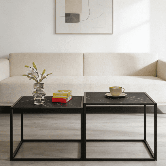 Coffee Table Set of 2, Modern Wood Nesting Table, Metal Frame Square Center Table Set, Side End Table for Living Room,Bedroom,Small Spaces