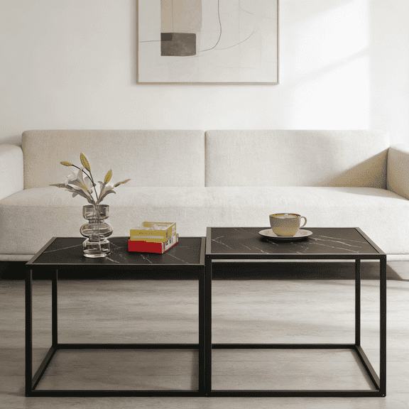 Nesting Coffee Table Set of 2, Small Modern Light Wood Metal Frame Square Center Table Set, Side End Table for Living Room,Bedroom,Small Spaces Black