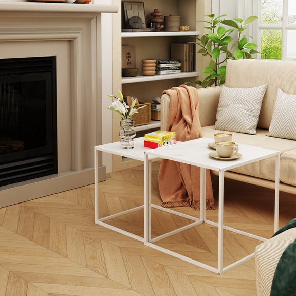 LENLN Coffee Table Set of 2, Modern Engineered Wood Nesting Table, Metal Frame Square Center Table Set, Side Tables, Nesting Coffee Table for Living Room, Bedroom and Small Spaces