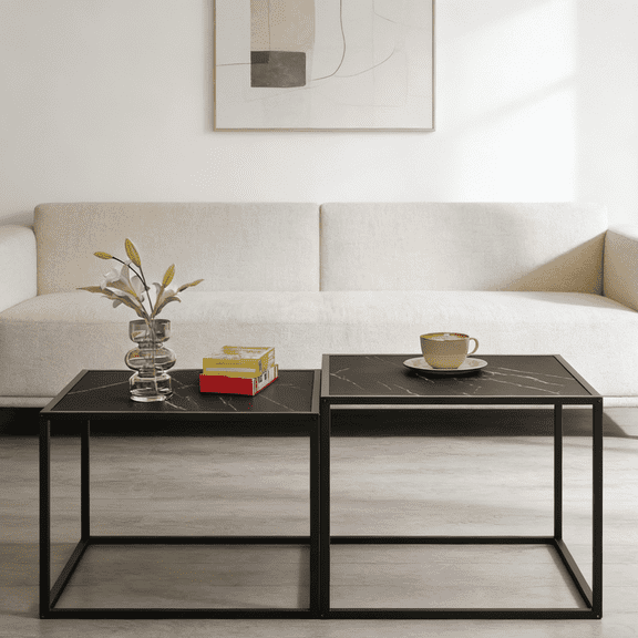 Coffee Table Set of 2, Modern Wood Nesting Table, Metal Frame Square Center Table Set, Side End Table for Living Room,Bedroom,Small Spaces