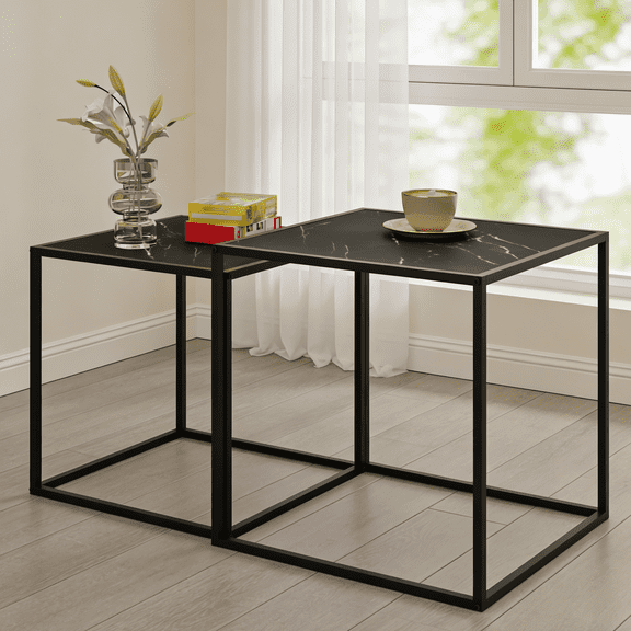 Coffee Table Set of 2, Modern Wood Nesting Table, Metal Frame Square Center Table Set, Side End Table for Living Room,Bedroom,Small Spaces