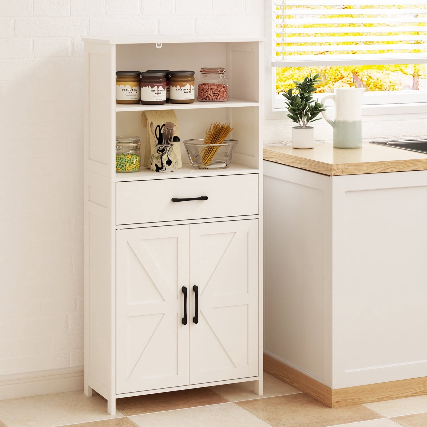 LENLN Farmhouse Bathroom Floor Cabinet with 2 Doors, 1 Drawer & 2 Open Shelves, 51" Tall Freestanding Storage Cabinet for Kitchen, Living Room, White