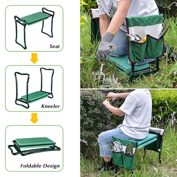 LENLN Garden Kneeler and Seat,with 2 Tool Bags Pouches and Claw Gloves,Portable Lightweight Bench Thicken EVA Foam Pad Sturdy Steel Pipe Practical Garden Tools(Green)