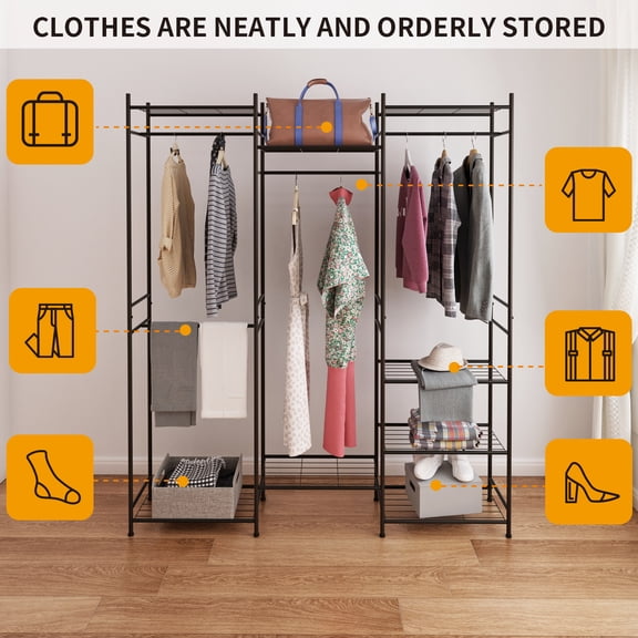 LENLN Garment Rack for Hanging Clothes Heavy Duty Clothes Rack with Shelves, Portable Closet Racks Metal Clothing Racks Freestanding Closet Wardrobe System, Max Load 600lbs, Black