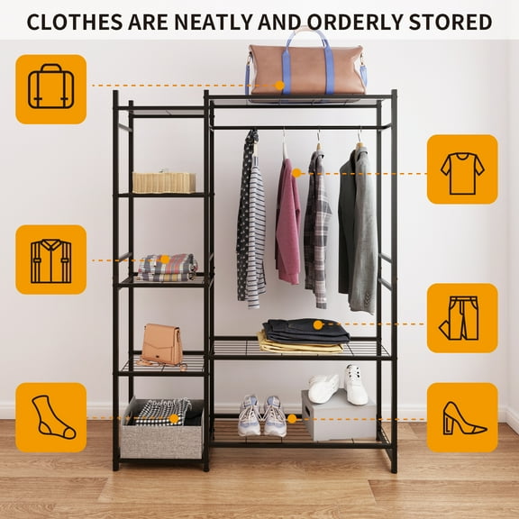 LENLN Garment Rack for Hanging Clothes Heavy Duty Clothes Rack with Shelves, Portable Closet Racks Metal Clothing Racks Freestanding Closet Wardrobe System, Max Load 600lbs, Black